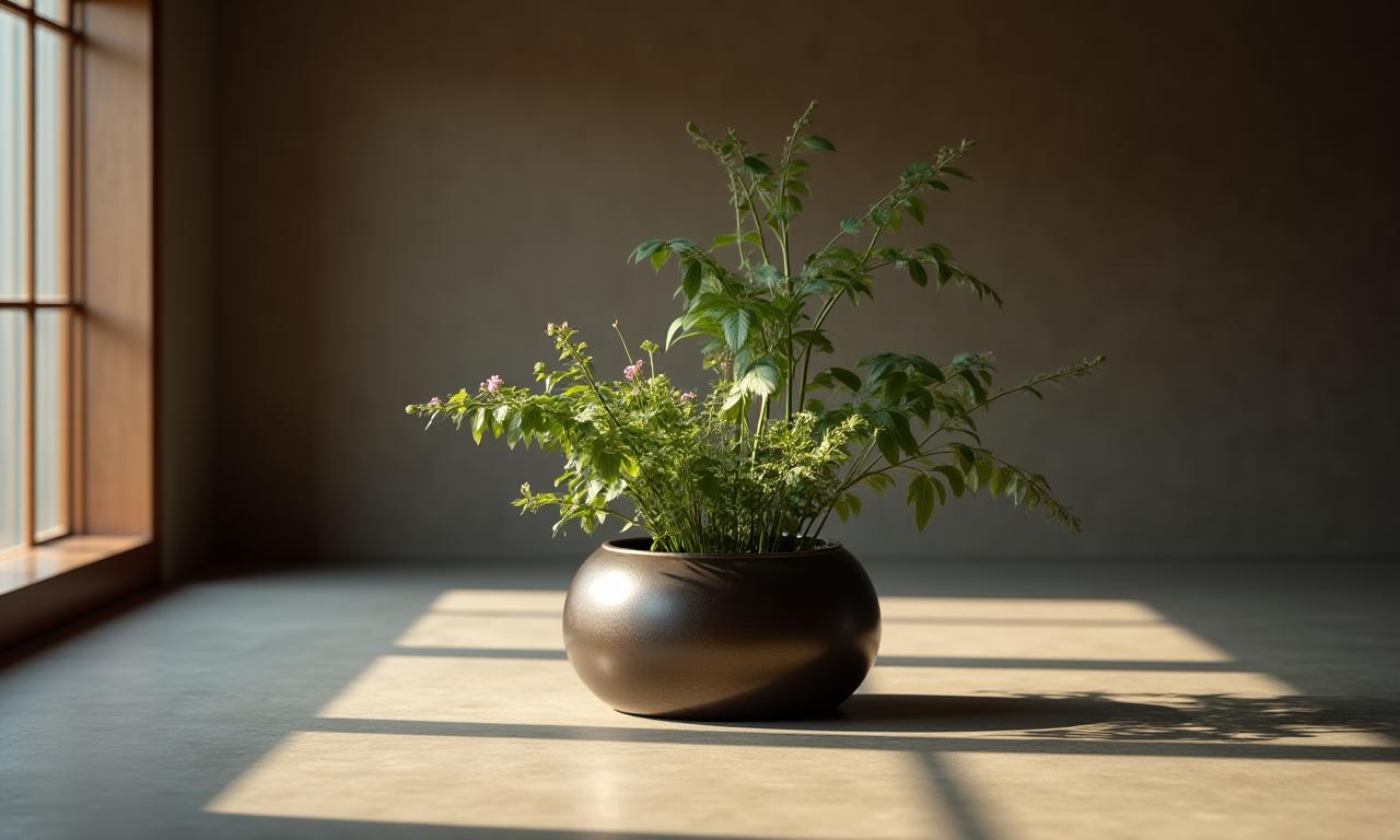 静寂の空間に置かれた、金属製の花器とミニマルな生け花